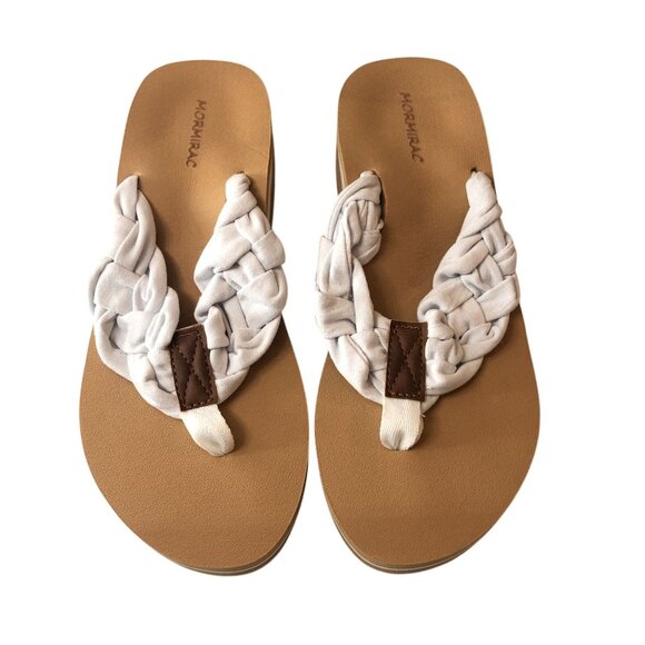 Mormirac Womens Wedge Sandals Woven Fabric Thong White 7 - Picture 2 of 5